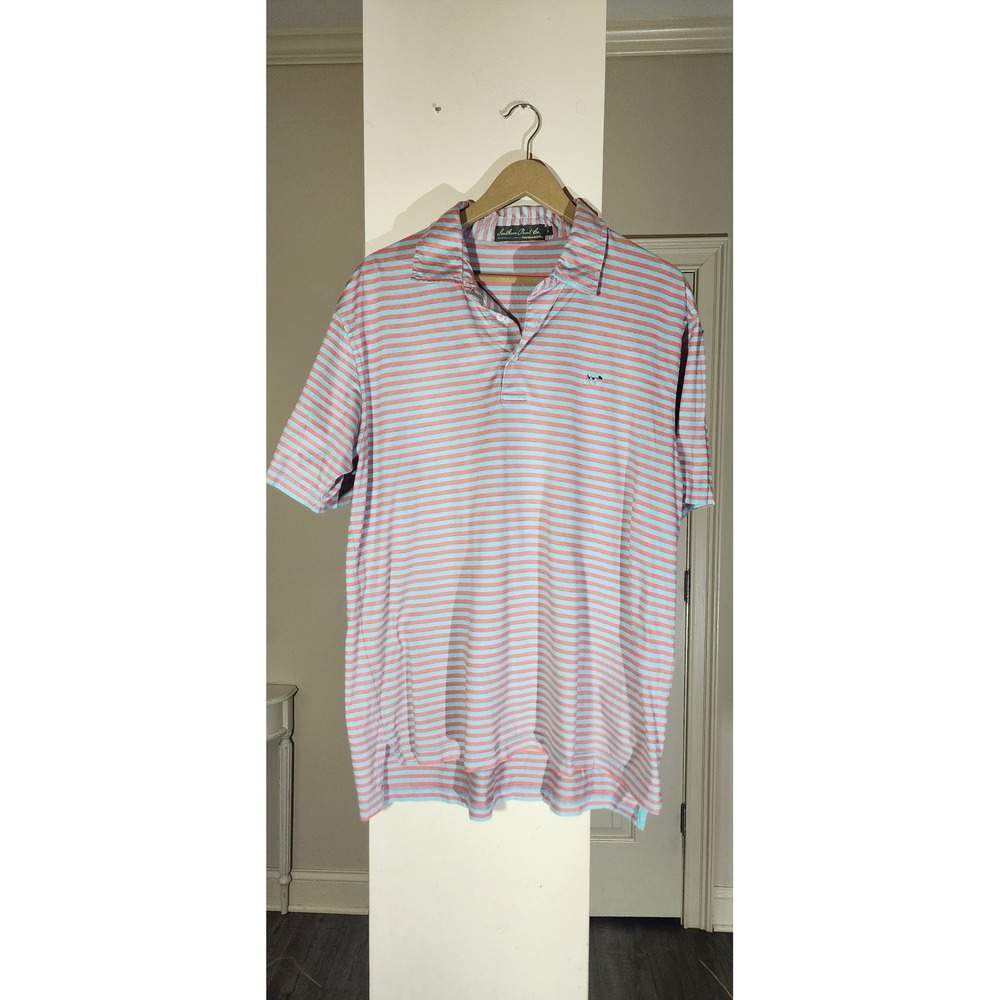 Southern Point Co Mens Greyton Polo Shirt Large Salmon Blue‎ Striped Cotton L